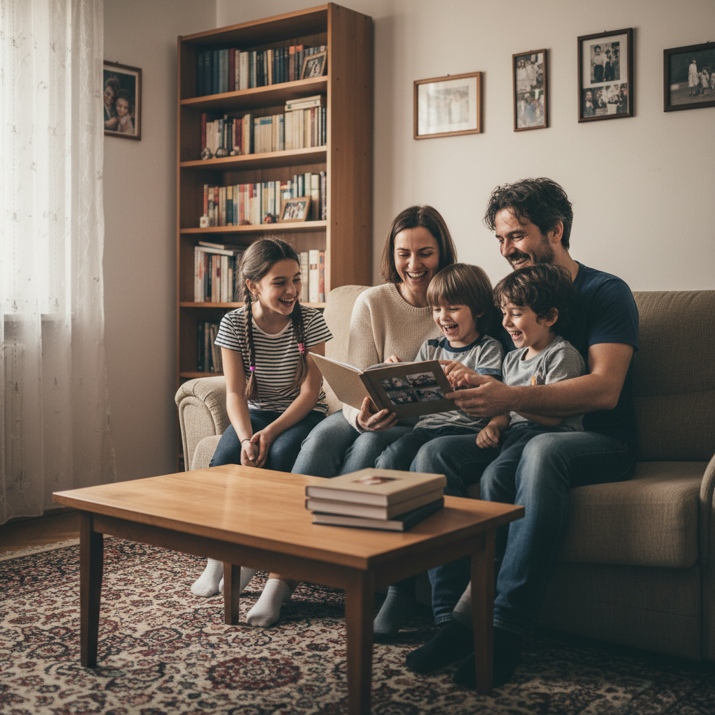 Porodica gleda foto album i smije se
